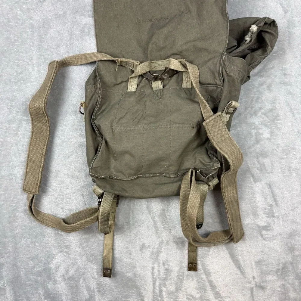 Vintage Military Canvas Field Backpack Olive Drab Leather Strap Rucksack M77